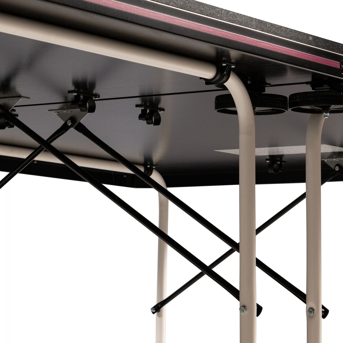 Butterfly Timo Boll Joylite Indoor Ping Pong Table showing us the 16mm top along with the 36mm side rails and foldable legs and wheels at the center point of the table.